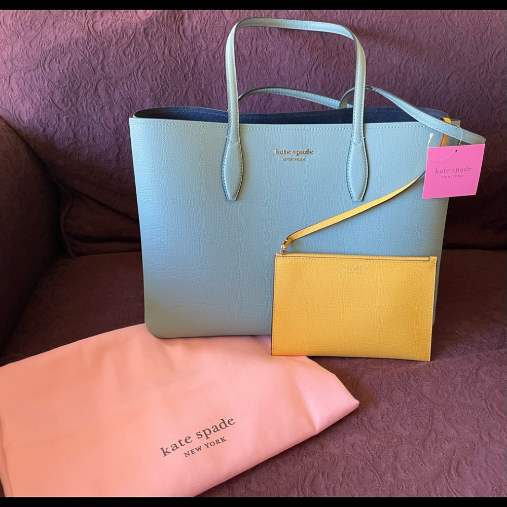 Kate Spade All Day Tote in Aegean Blue with detachable wristlet, storage bag.